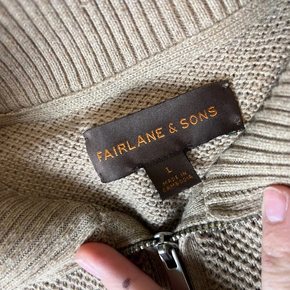 Fairlane & Sons Quarter Zip Mens L Oatmeal Heather Cotton Waffle Knit Sweater
